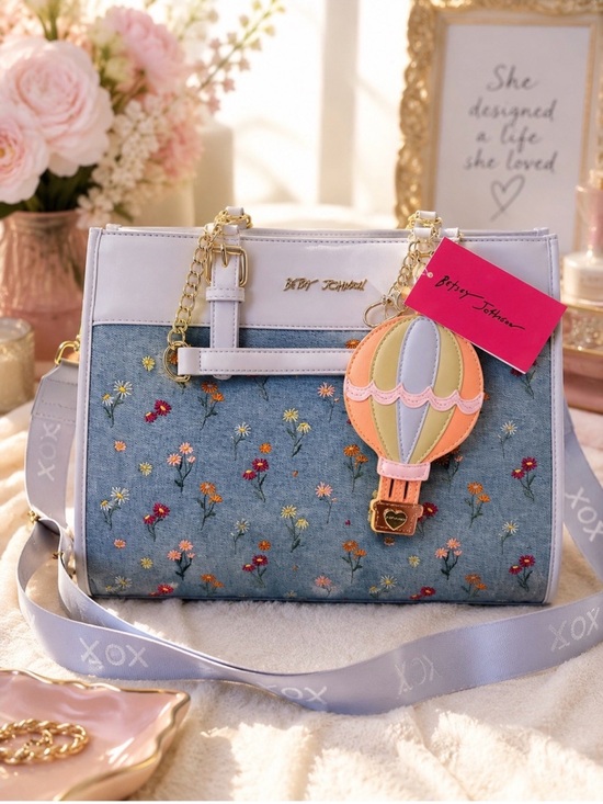 Betsey Johnson Handbags - Betsey Johnson Denim Floral Satchel with Pastel Hot Air Balloon Charm NWT